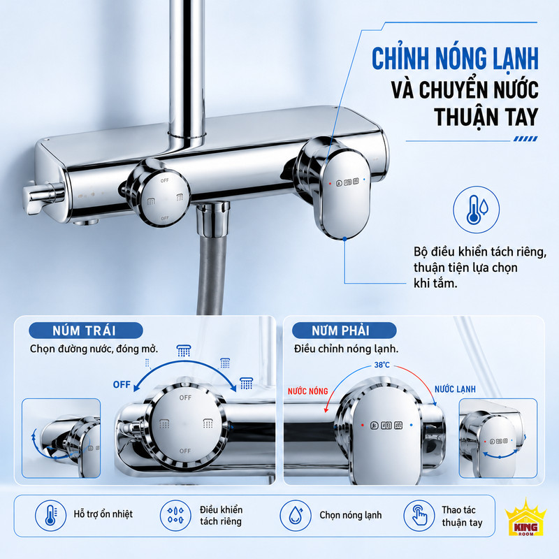 Hai bộ điều khiển chuyển nước và chỉnh nhiệt trên vòi sen đứng KINGROOM chrome