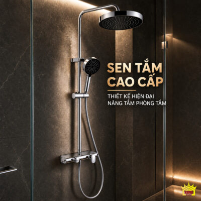 Vòi sen tắm đứng KINGROOM mạ chrome, bát tròn mặt đen trong phòng tắm vân đá tối