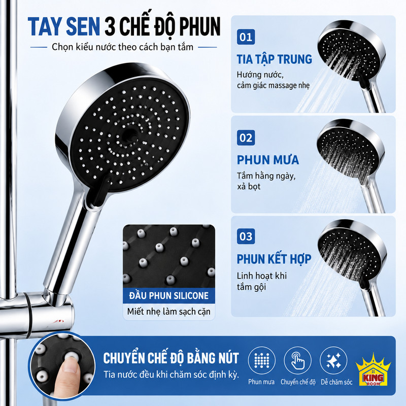 Ảnh tay sen tròn KINGROOM cùng ba kiểu tia và chi tiết đầu phun mềm