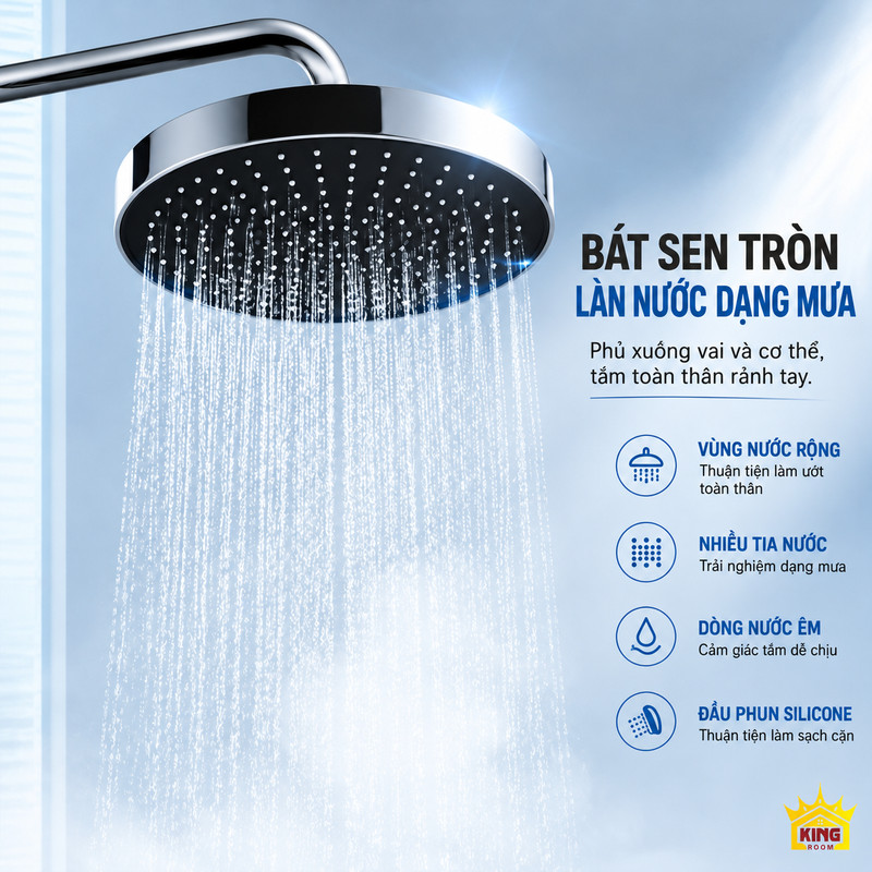 Bát sen tròn phun mưa Bát sen tròn KINGROOM mạ chrome đang phun nhiều tia nước dạng mưa