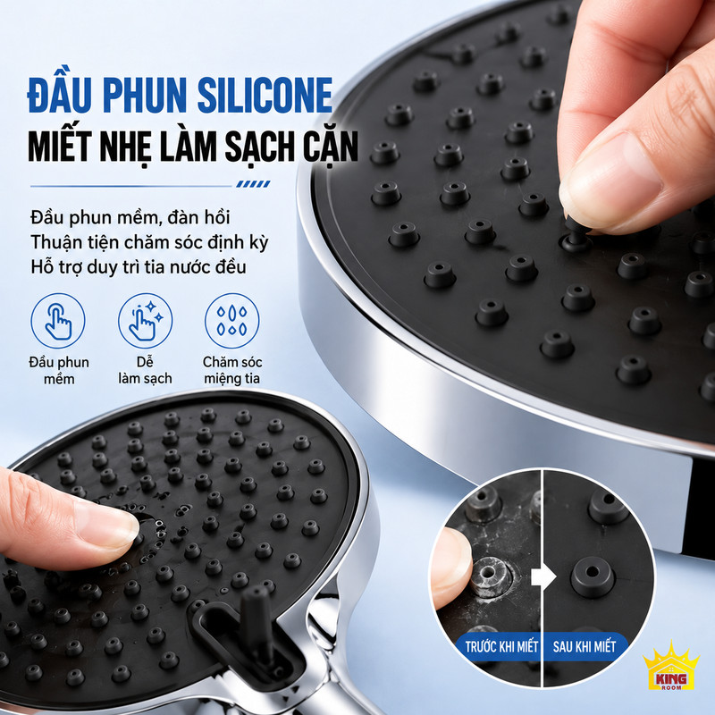 Đầu phun silicone dễ làm sạch cặn Đầu phun silicone của bát sen và tay sen KINGROOM với thao tác miết nhẹ