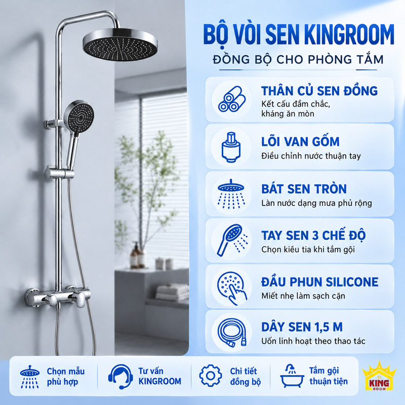 Các điểm đáng chọn của bộ sen KINGROOM Toàn bộ vòi sen đứng KINGROOM chrome và bảng tóm tắt tiện ích