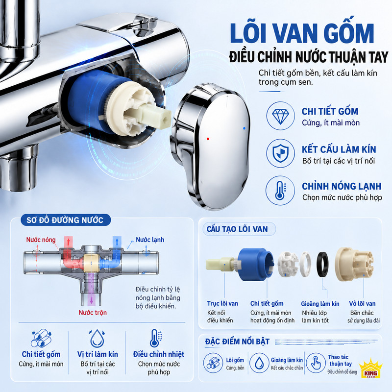Lõi van gốm và cấu tạo cụm sen Cấu tạo lõi van gốm, các chi tiết làm kín và đường nóng lạnh trong củ sen KINGROOM